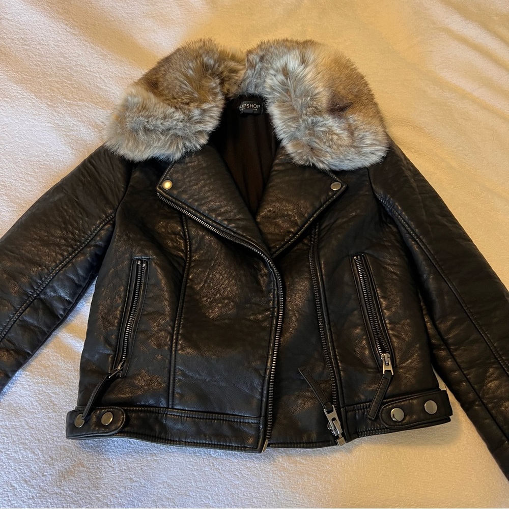 TOPSHOP fur trim black leather bomber jacket